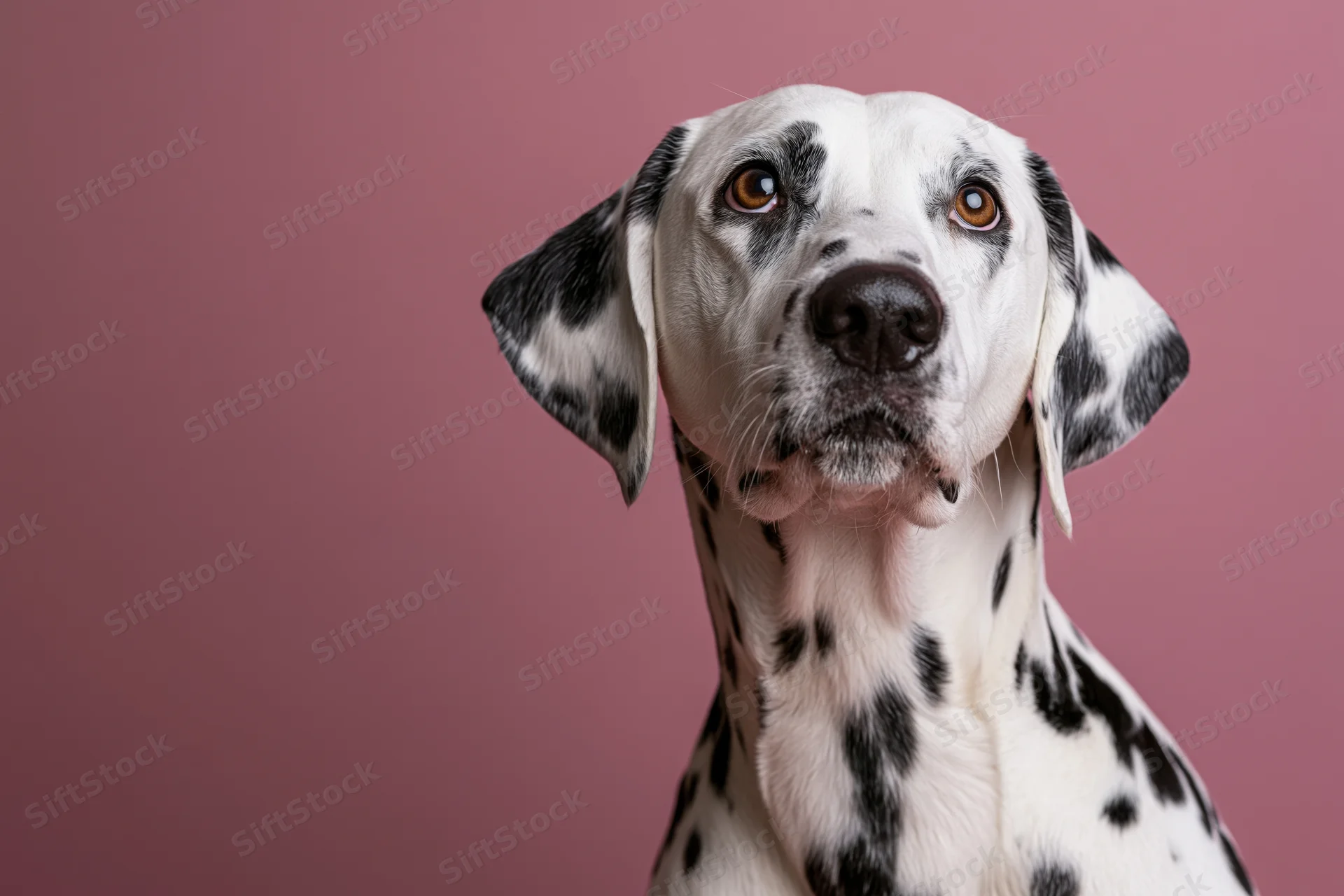 Dalmatian dog looking upward with alert expression in studio portrait against pink background