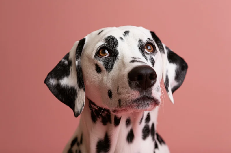 Dalmatian dog looking upward with alert expression in studio portrait against pink background