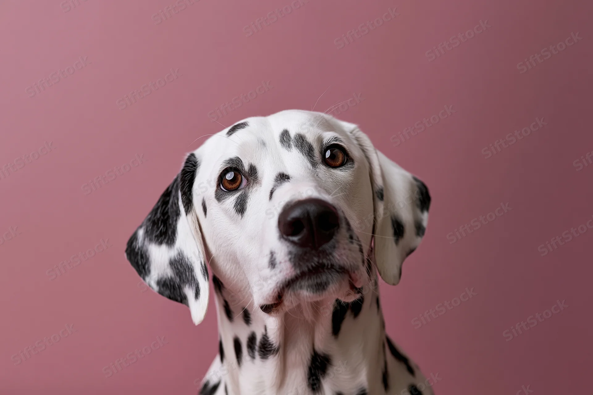Dalmatian dog looking upward with alert expression in studio portrait against pink background