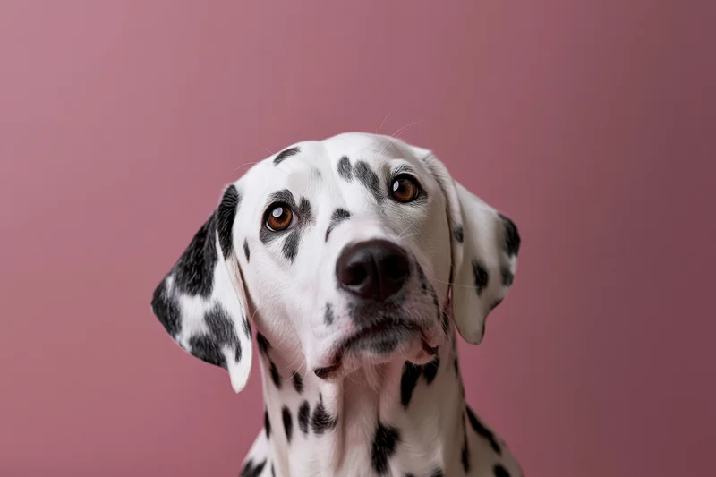 Dalmatian dog looking upward with alert expression in studio portrait against pink background