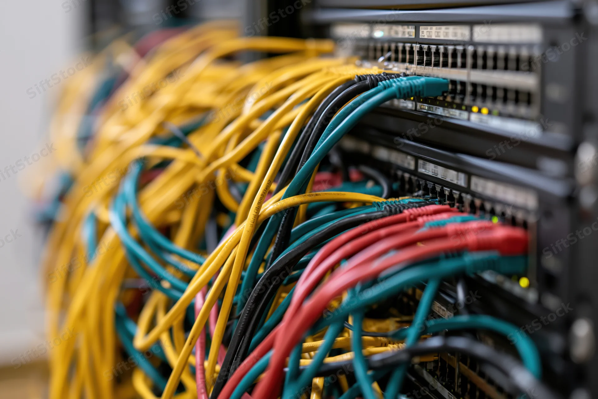 Tangled network cables plugged into server rack in datacenter