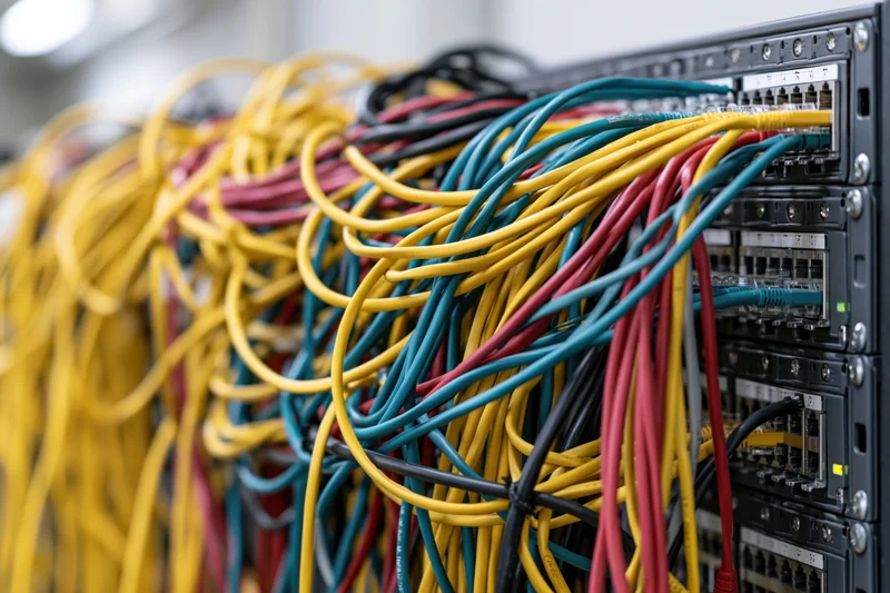 Tangled network cables connected to server rack in datacenter