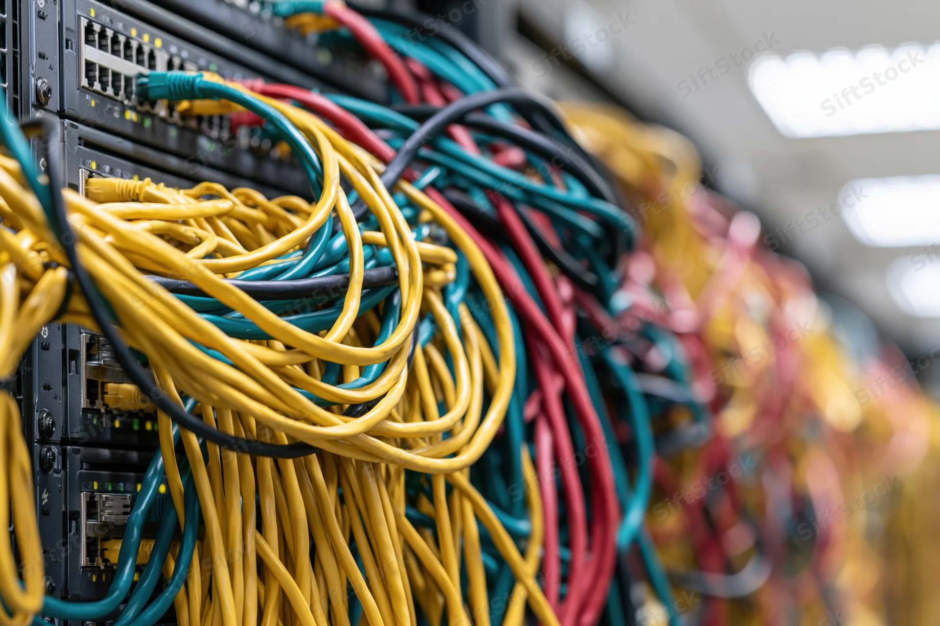 Tangled network cables connected to server rack in datacenter