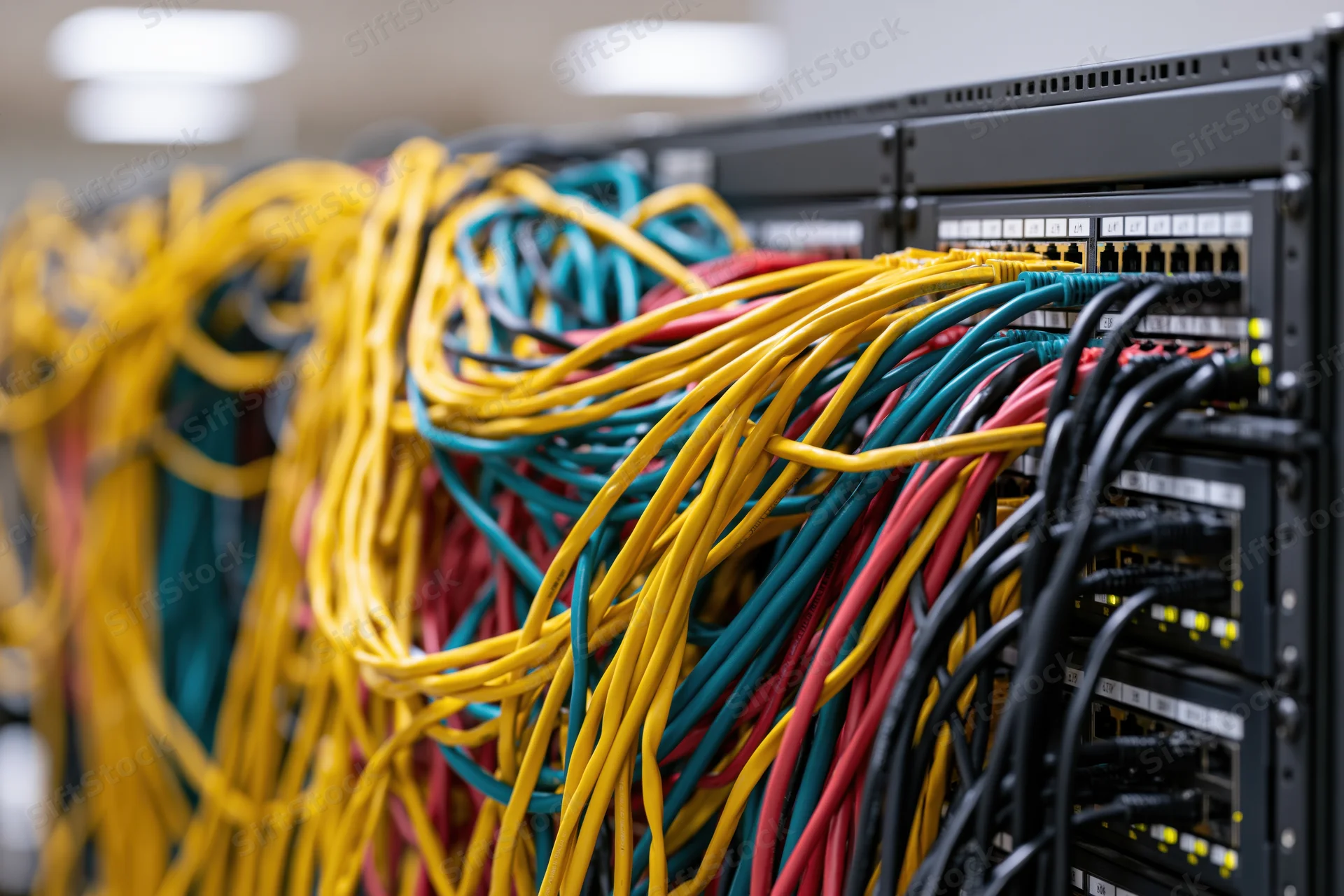 Tangled network cables connected to server rack in datacenter