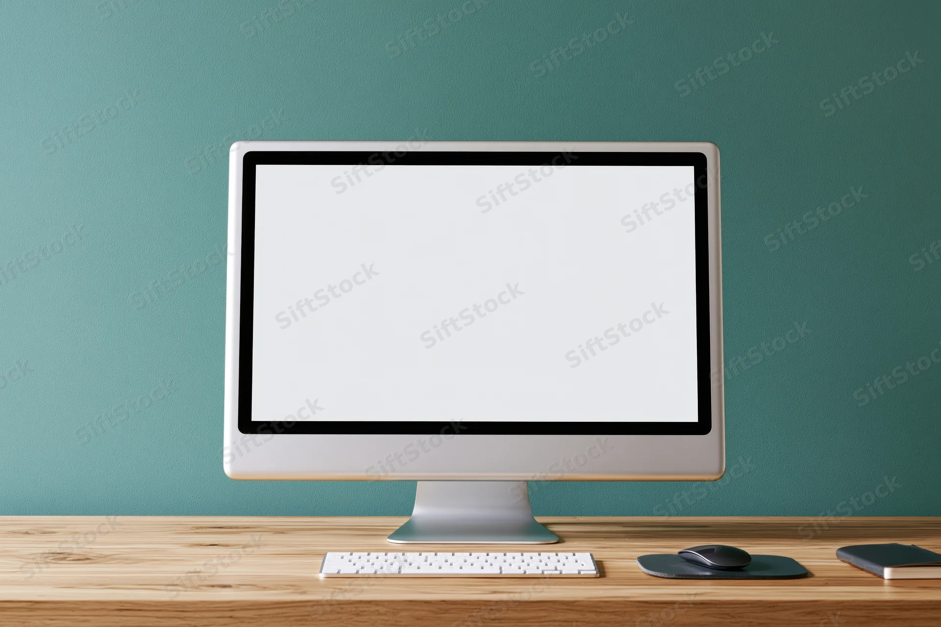 All-in-one computer with blank white screen on wooden desk against teal wall