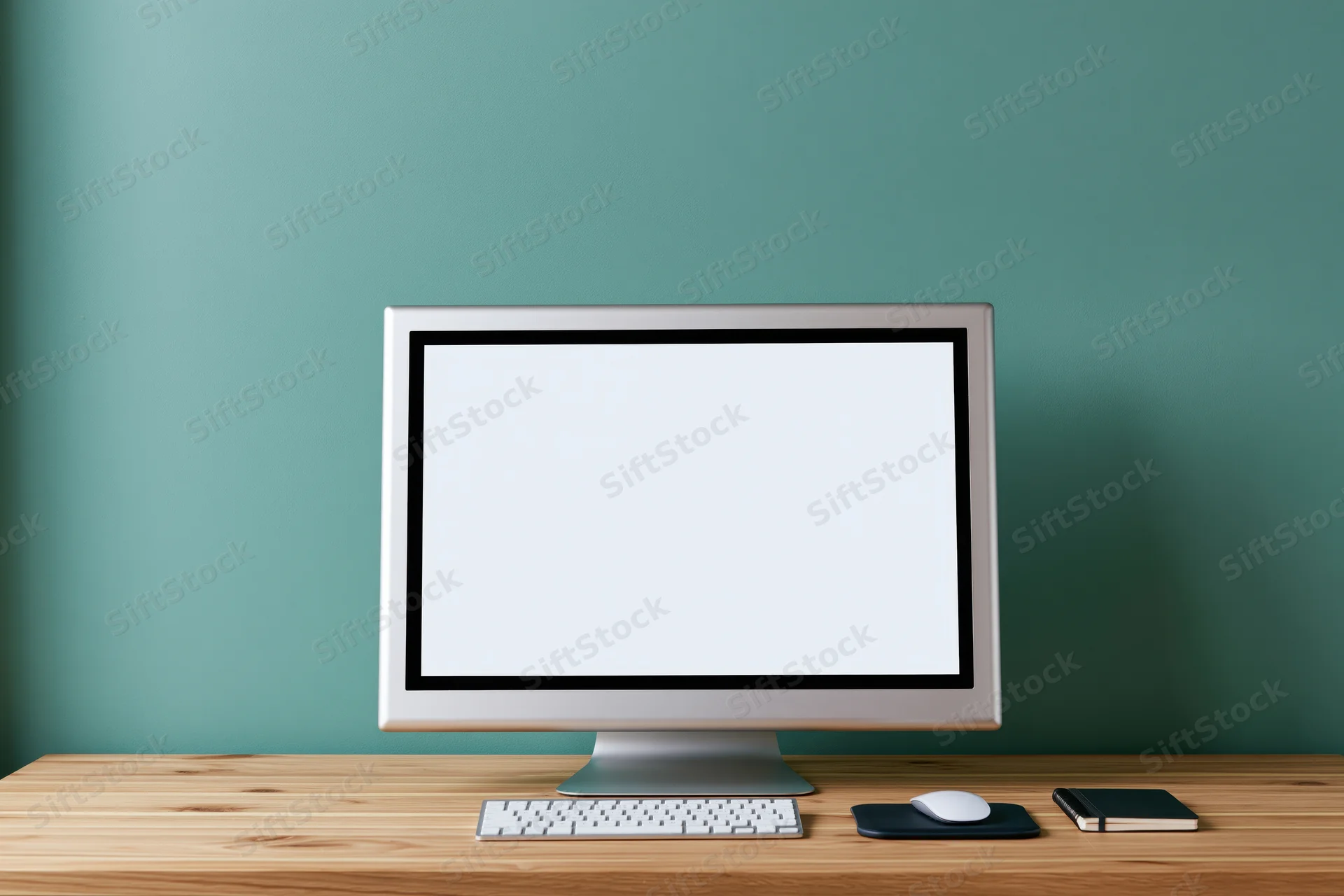 All-in-one computer with blank white screen on wooden desk against teal wall