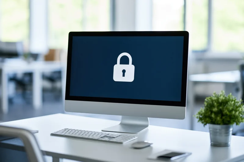 Computer monitor displaying a white padlock icon on a dark screen in an office workspace