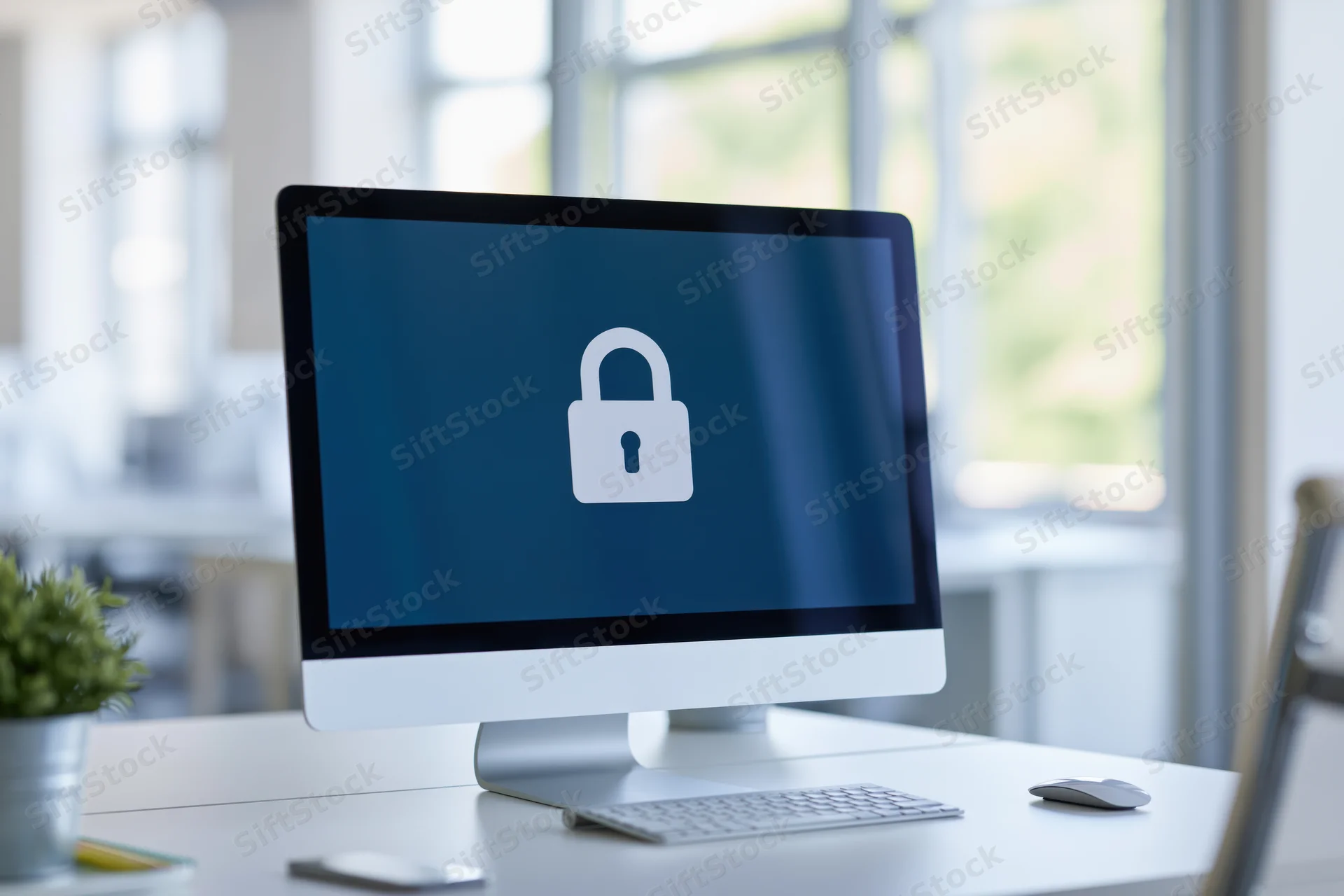 Computer monitor displaying a white padlock icon on a blue screen in an office workspace