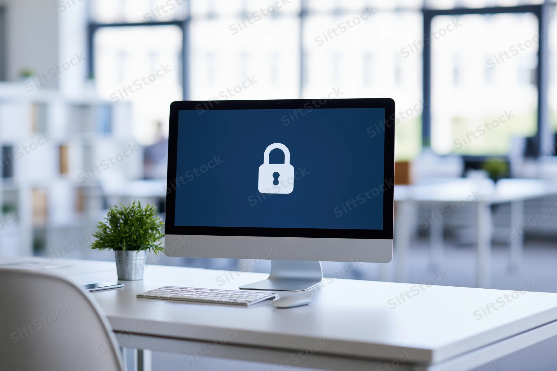 Computer monitor displaying a white padlock icon on a dark blue screen in a modern office workspace