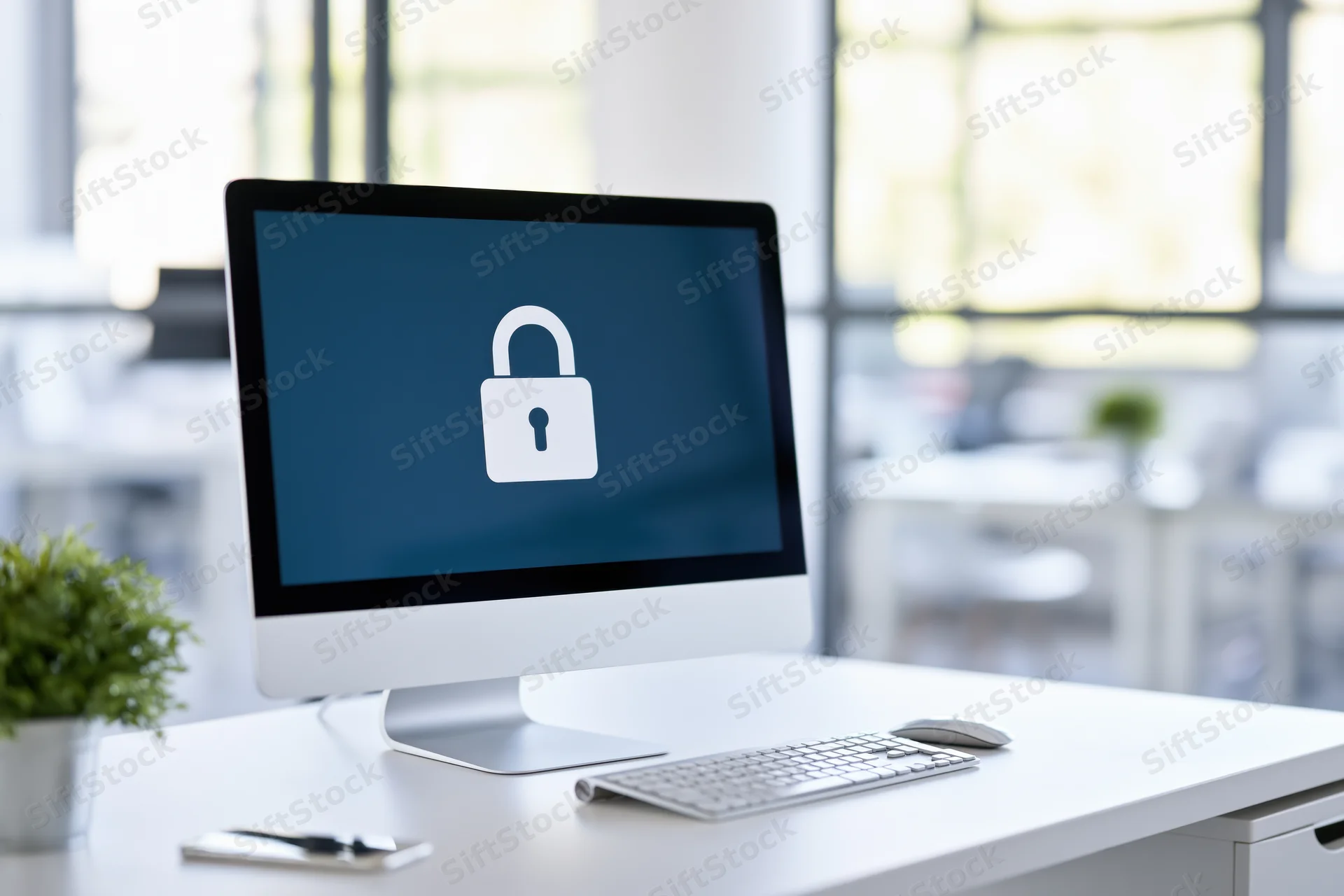 Desktop computer monitor displaying a white padlock icon on a blue screen in an office workspace