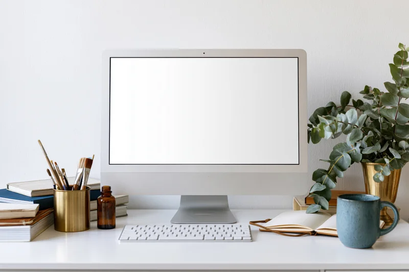 Desktop computer with blank white screen on a clean white desk surrounded by office supplies and a potted plant