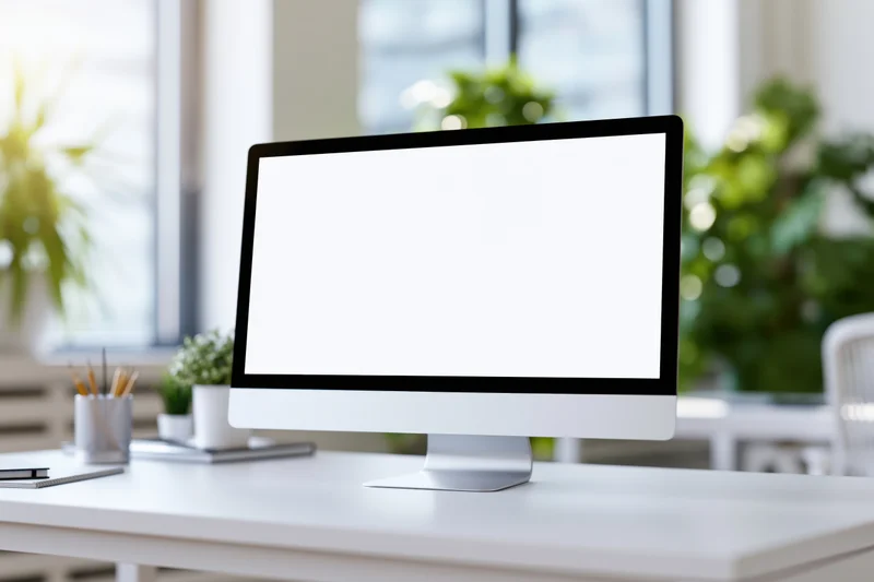 White blank computer monitor on a clean modern desk in a bright office space with plants and window light