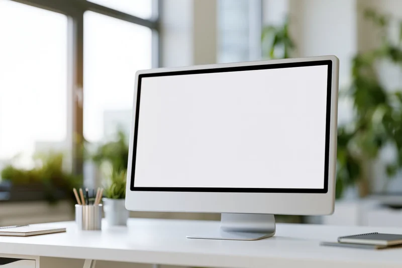 White blank computer monitor on a clean modern office desk with plants and window light