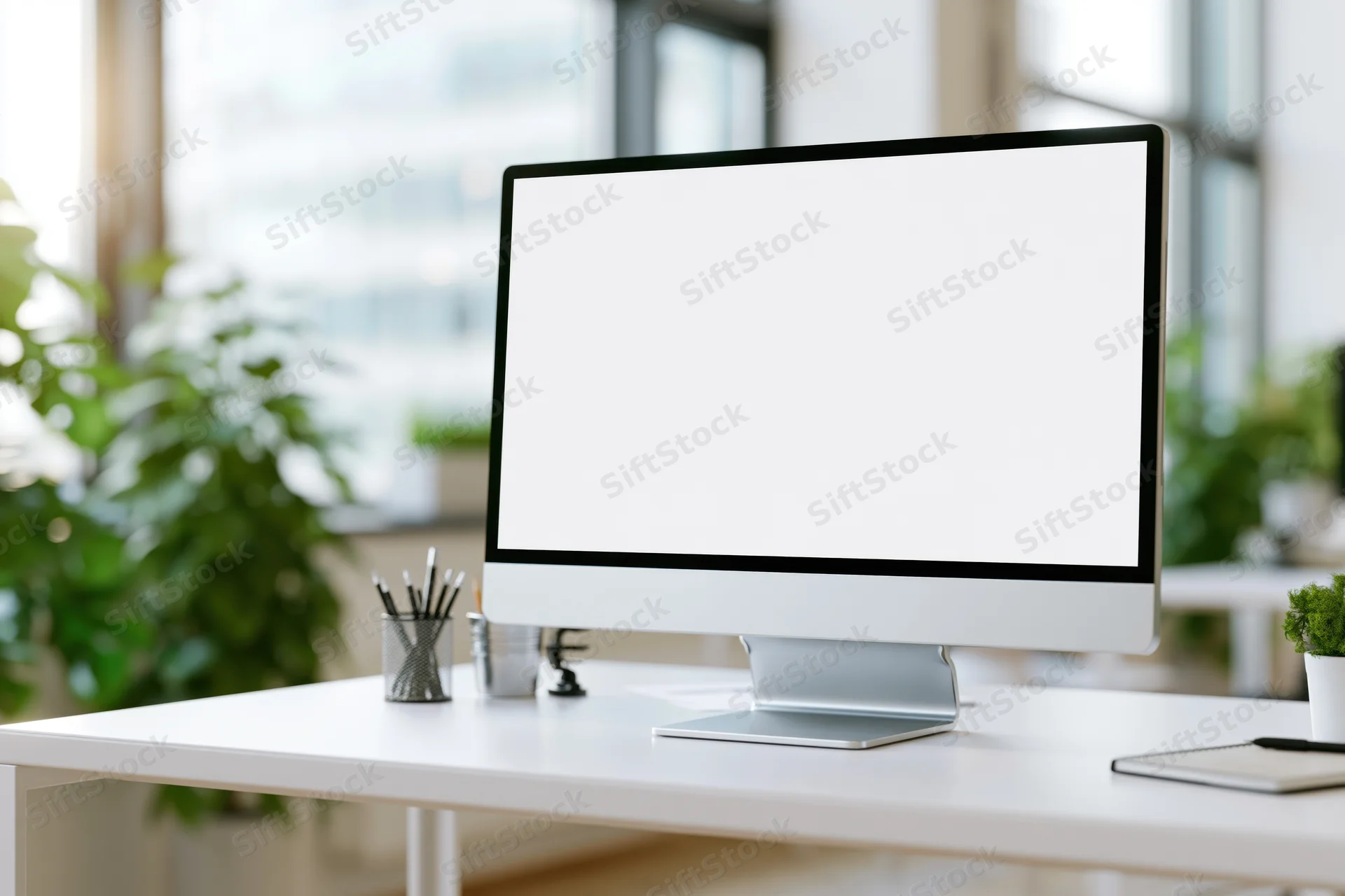 Blank white computer screen on a clean modern office desk with plants and natural light