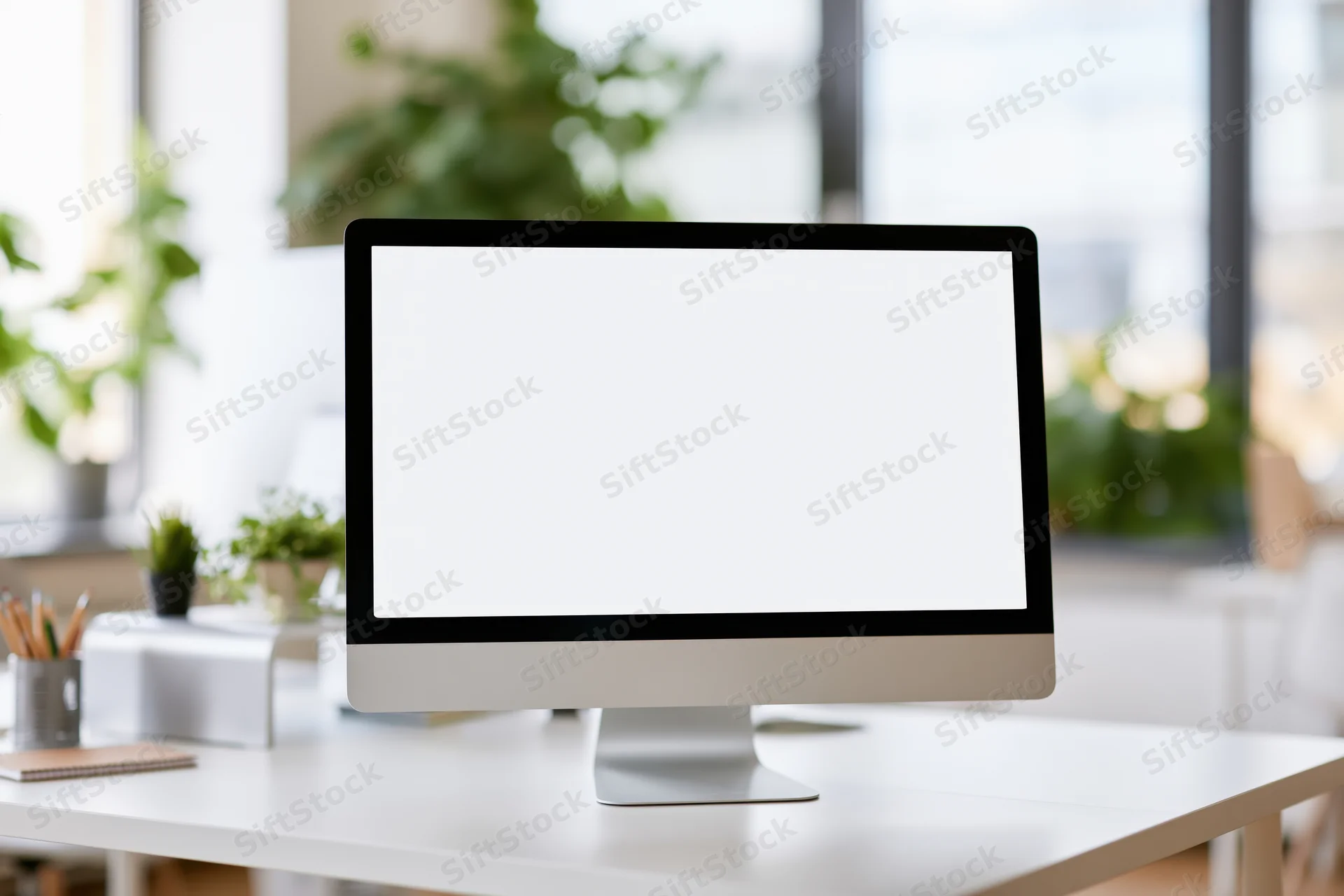 Desktop computer with blank white screen on a clean white desk in a bright office space