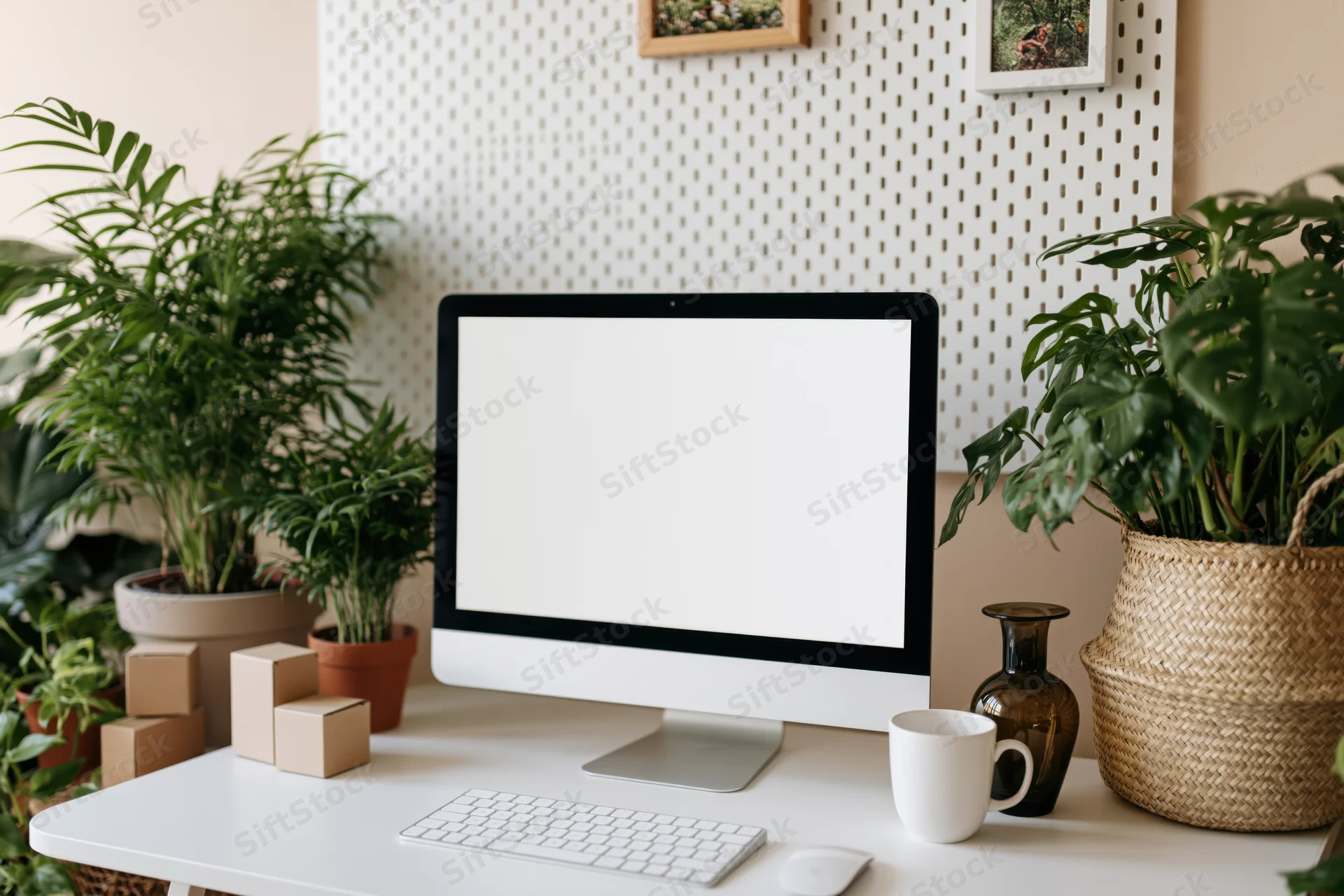 Desktop computer with blank white screen on a white desk surrounded by potted plants and office accessories