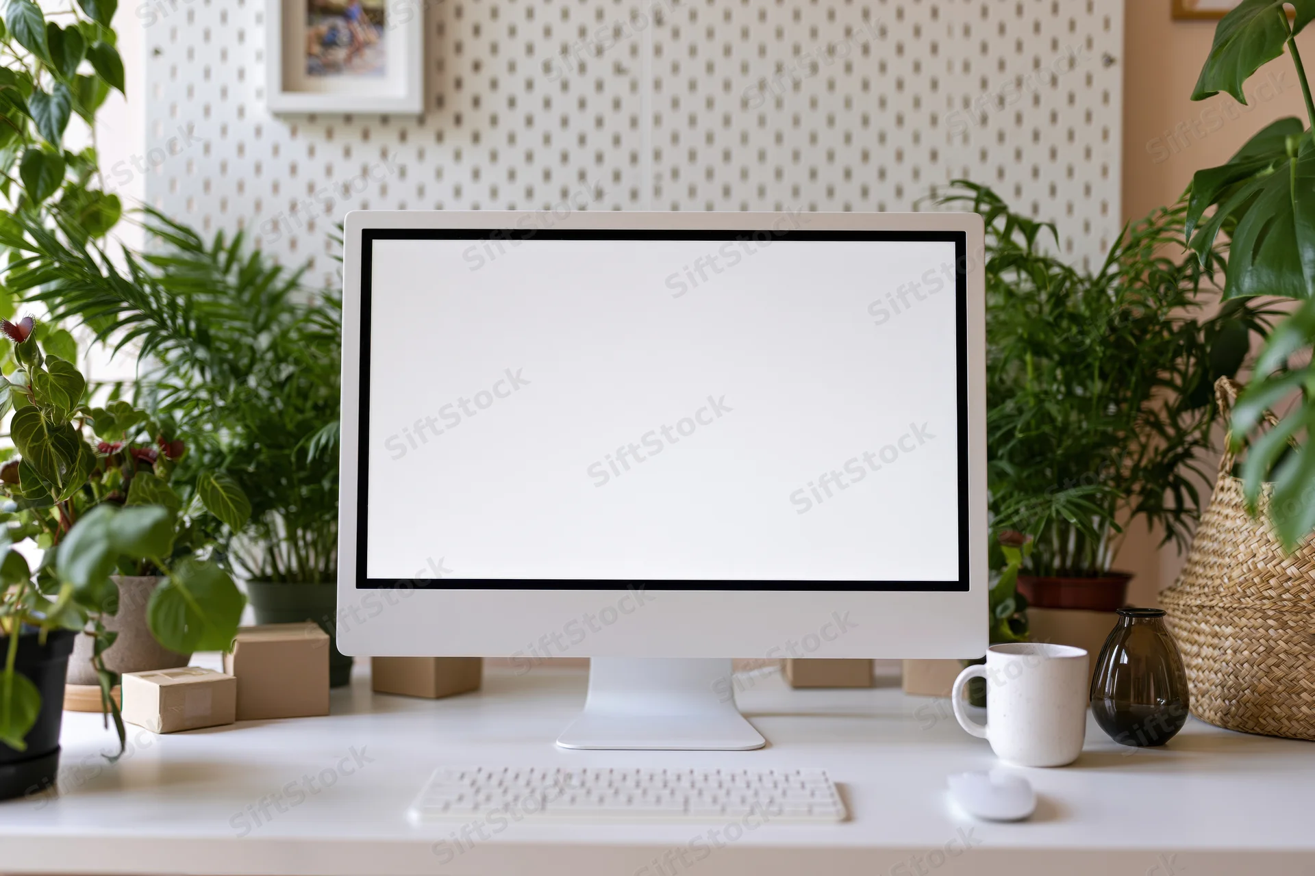 White computer monitor with blank screen on a clean desk surrounded by plants and office supplies