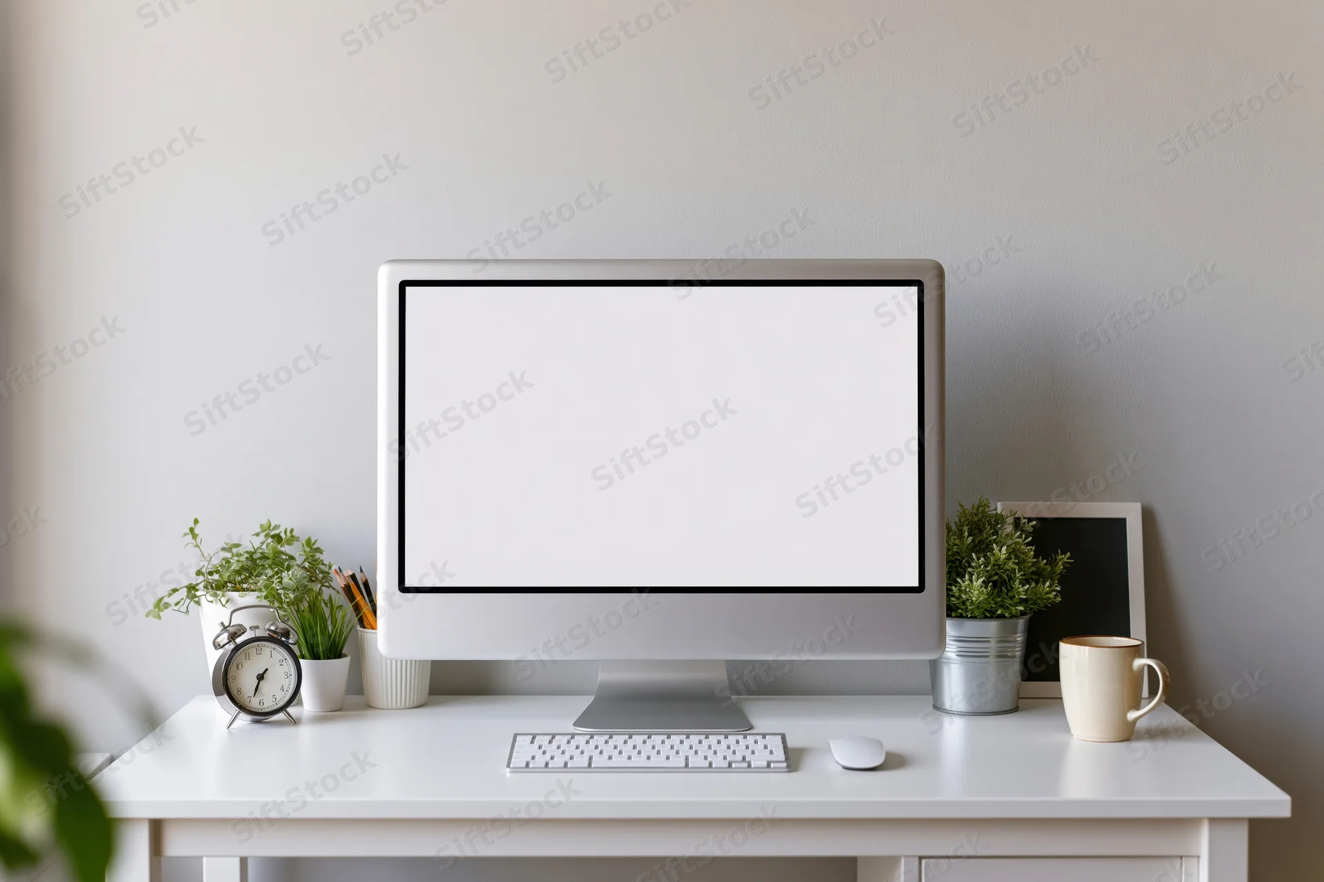 All-in-one computer with blank screen on white desk surrounded by office supplies and plants