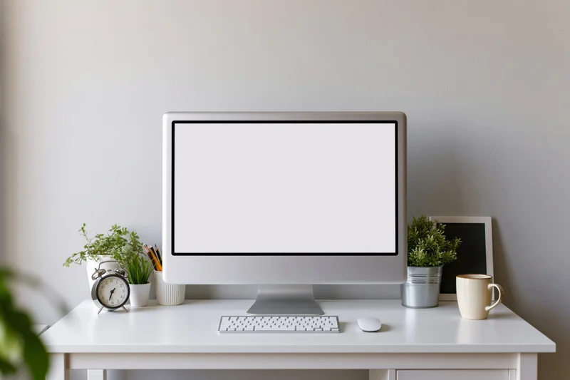 All-in-one computer with blank screen on white desk surrounded by office supplies and plants