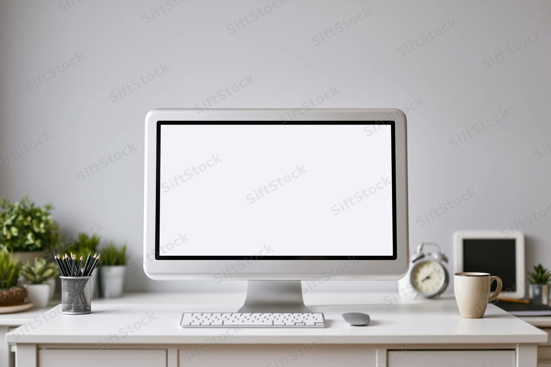 All-in-one computer with blank screen on white desk surrounded by office supplies and plants