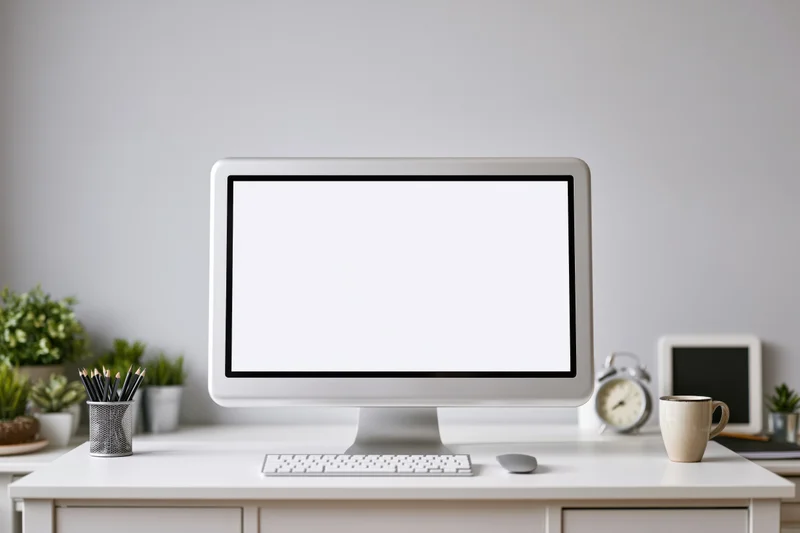 All-in-one computer with blank screen on white desk surrounded by office supplies and plants