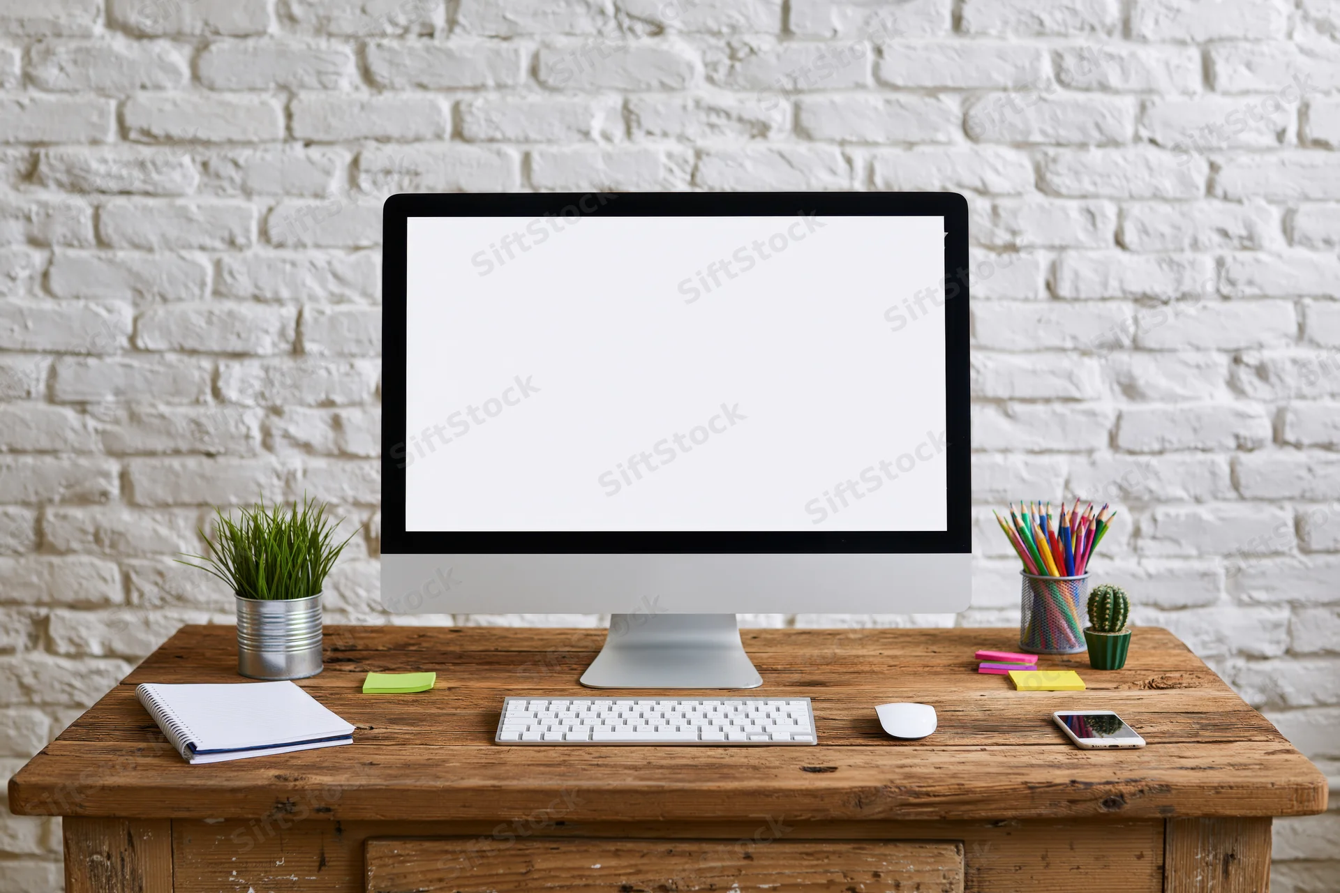 Computer monitor with blank screen on wooden desk surrounded by office supplies and plants