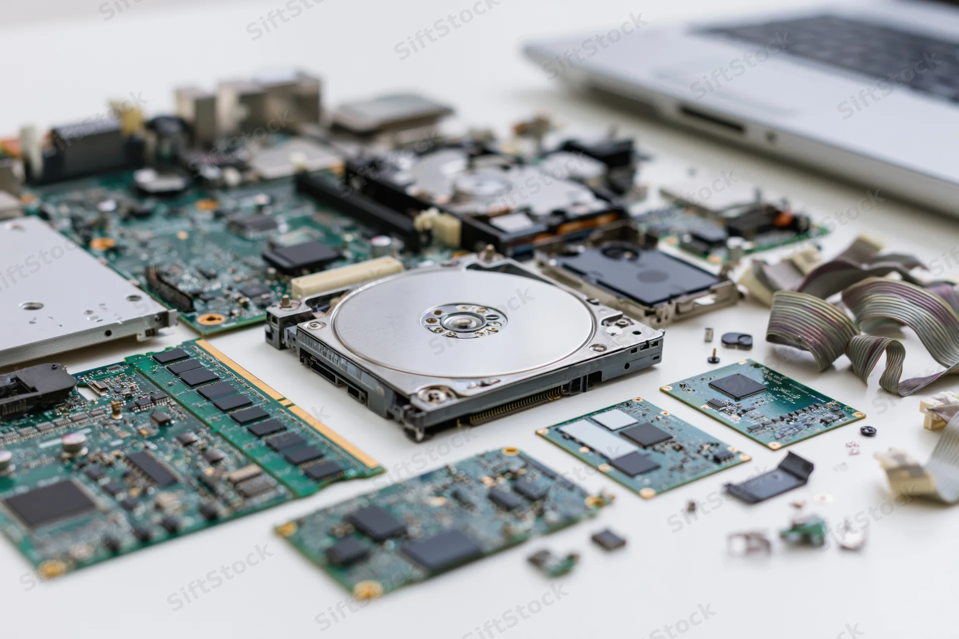 Disassembled computer components laid out on a white surface with a laptop in the background