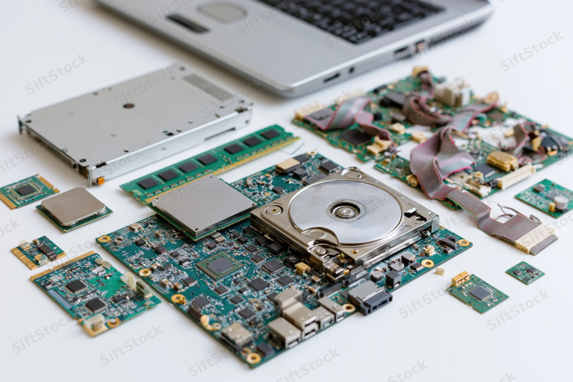 Disassembled laptop and desktop computer components laid out on white surface