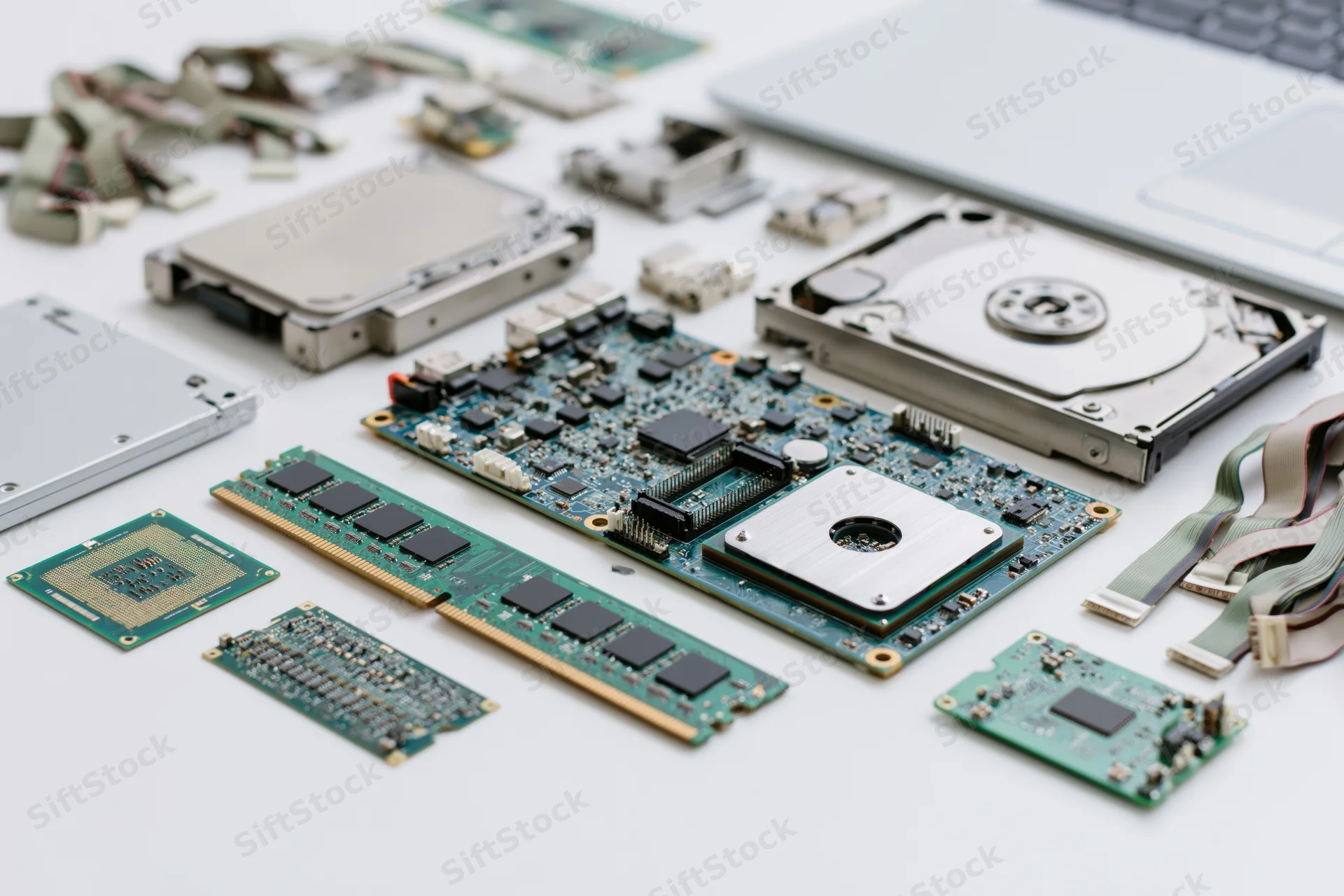 Disassembled computer components laid out on white surface including motherboard, ram, hard drive and processor