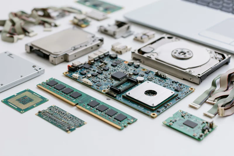 Disassembled computer components laid out on white surface including motherboard, ram, hard drive and processor