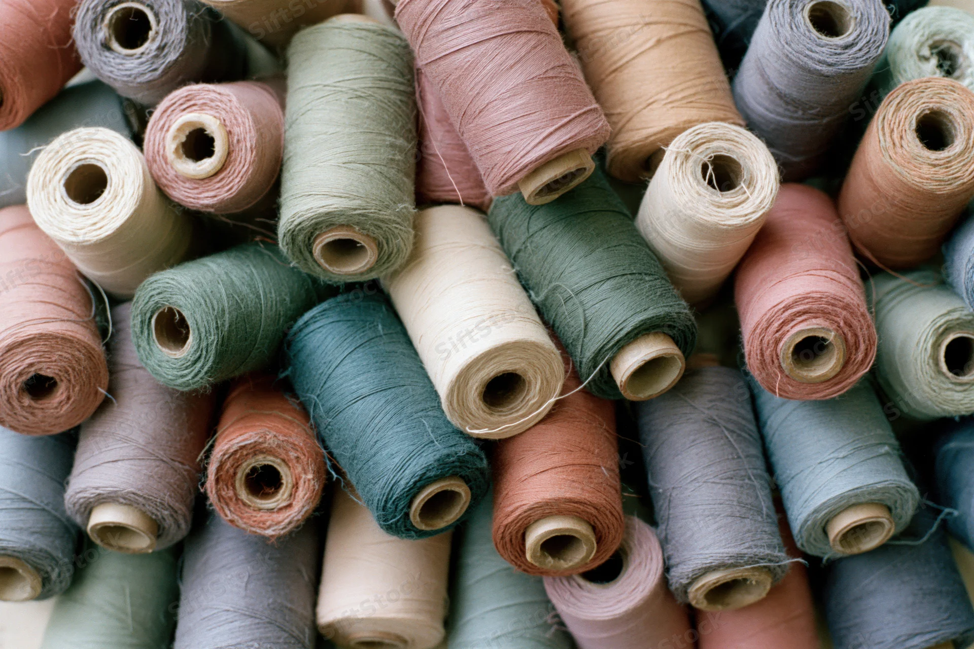 Closeup of numerous thread spools stacked together in a colorful assortment