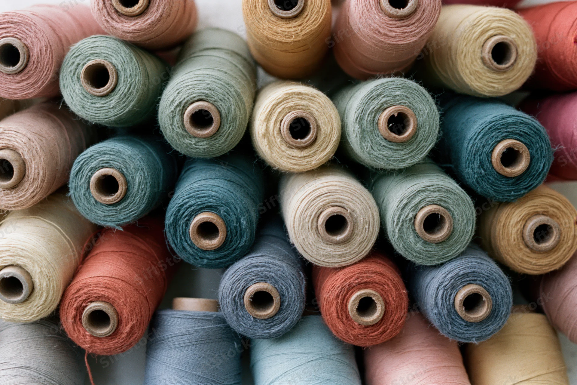 Close-up of numerous thread spools stacked tightly together in a colorful arrangement