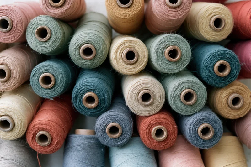 Close-up of numerous thread spools stacked tightly together in a colorful arrangement