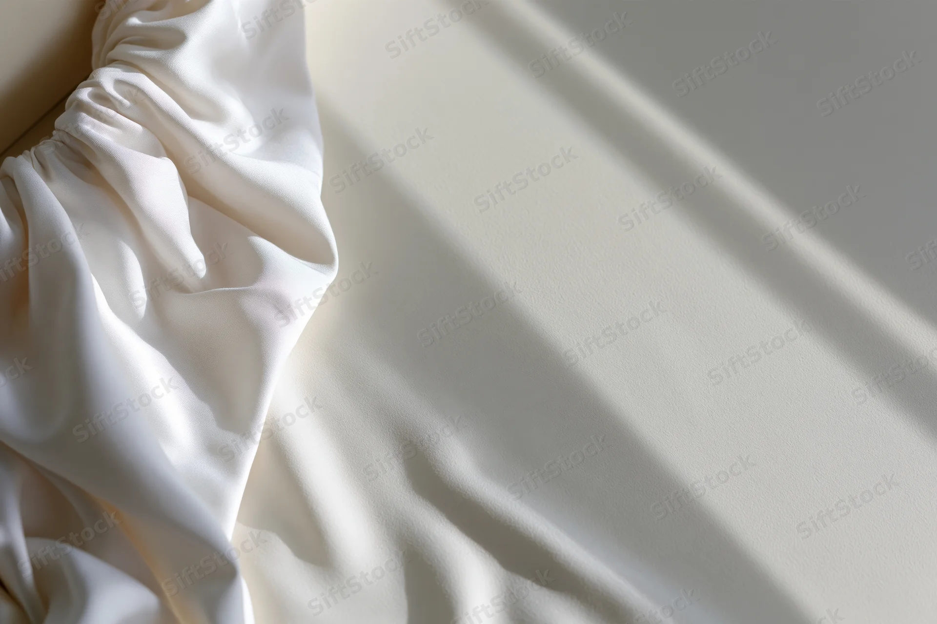 White silk fabric draped and bunched along the left edge with soft light and shadows on a plain surface