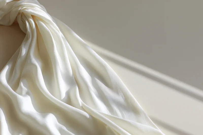 White silk fabric draped and bunched along the left edge with soft light and shadows