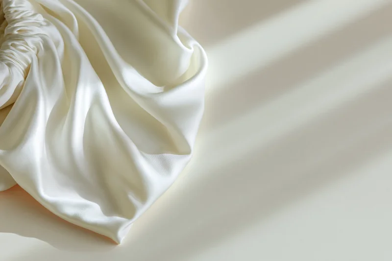White silk fabric draped and bunched on a light surface with soft shadows and copyspace