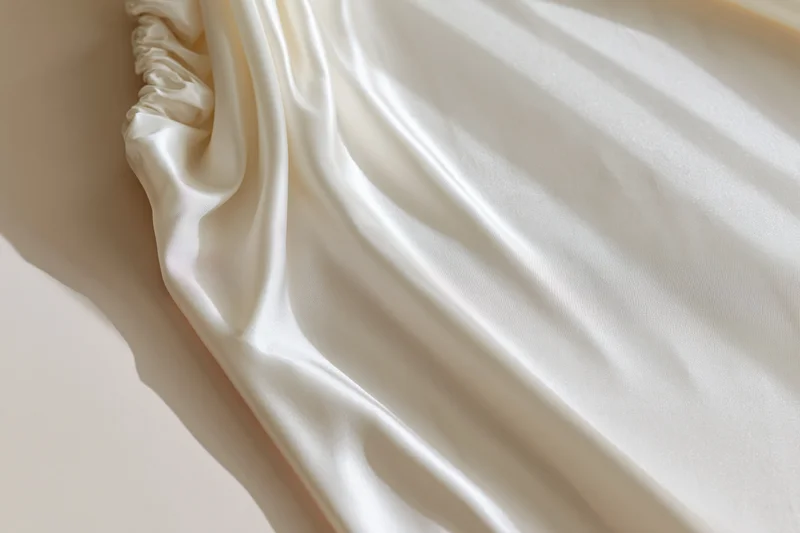 Draped white silk fabric with bunched edge on neutral surface