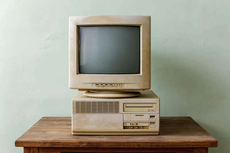 Vintage beige crt monitor stacked on old desktop pc on wooden table