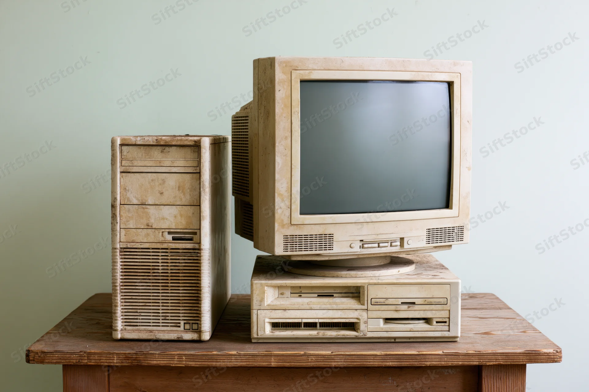 Vintage beige computer setup with crt monitor and tower case on wooden table