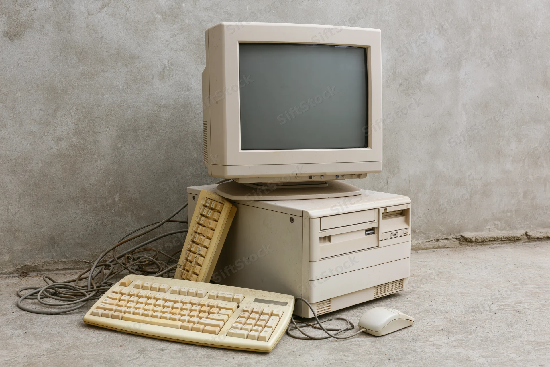 Vintage desktop computer setup with monitor, keyboard and mouse on concrete floor