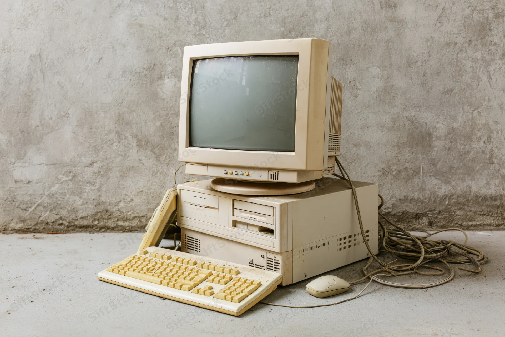 Vintage desktop computer setup with monitor, keyboard and mouse on concrete floor