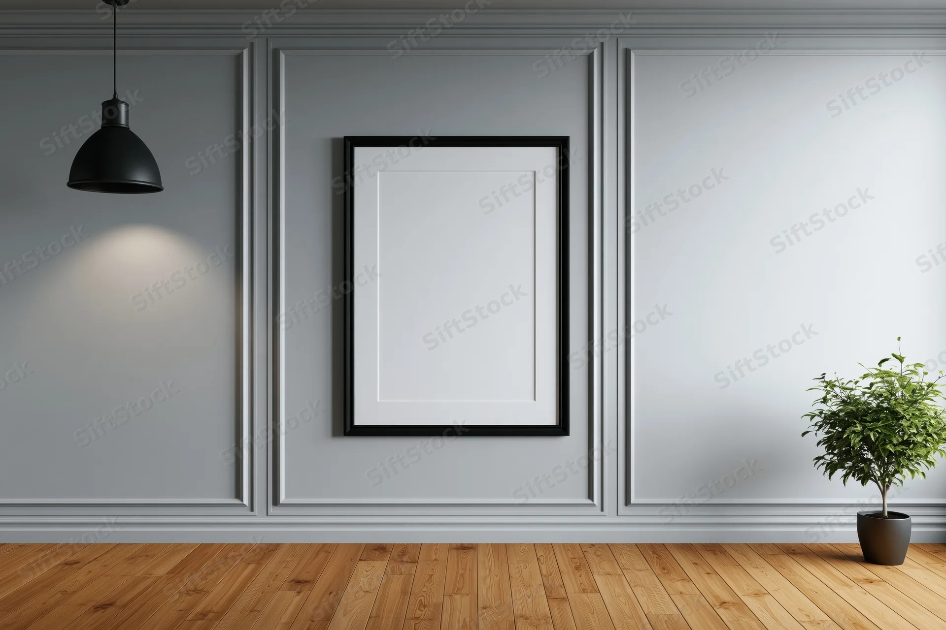 Black frame hanging on light grey paneled wall in modern room with wooden floor and potted plant