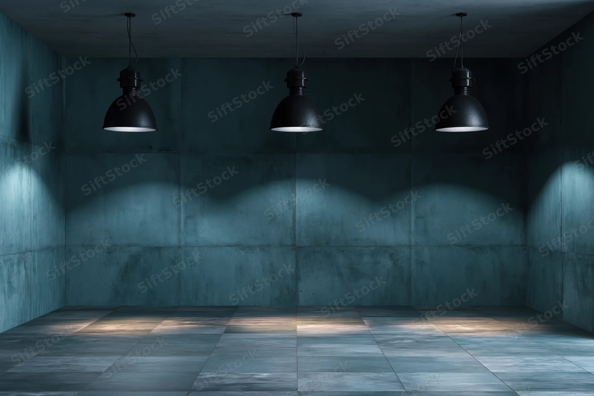 Empty industrial room with three black pendant lamps hanging from ceiling, casting light on concrete walls and tiled floor
