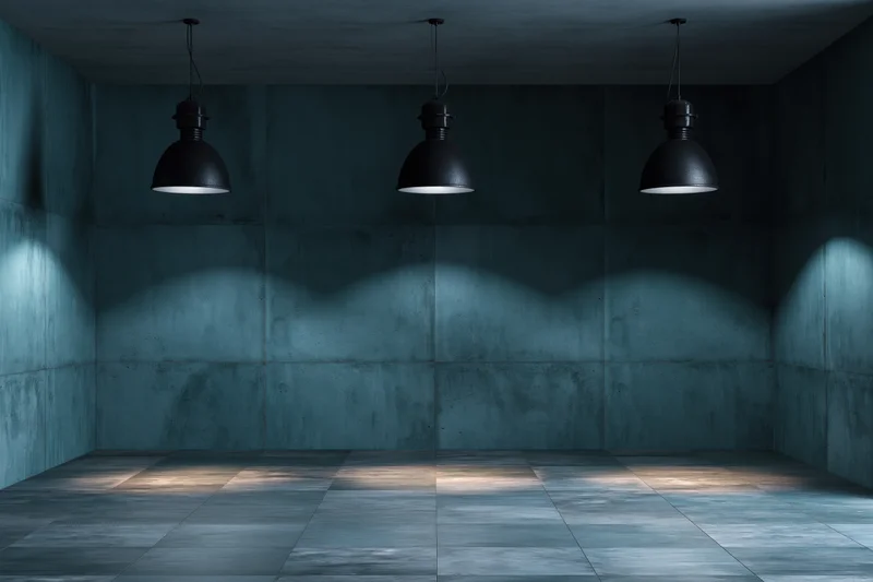 Empty industrial room with three black pendant lamps hanging from ceiling, casting light on concrete walls and tiled floor