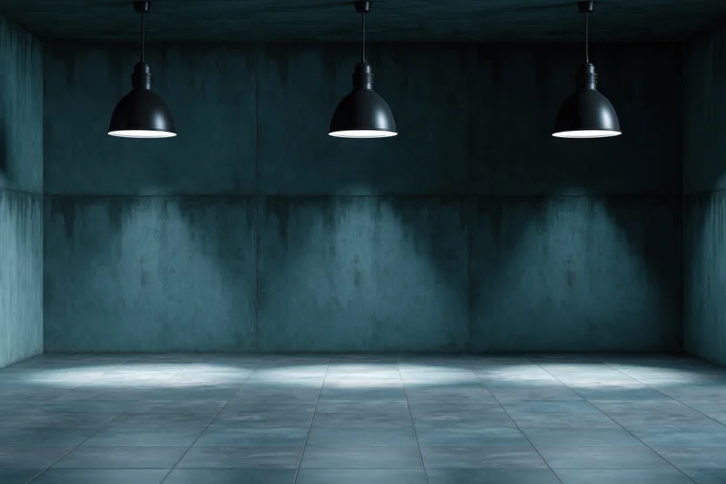 Empty industrial room with three black pendant lamps hanging from ceiling, concrete walls and tiled floor