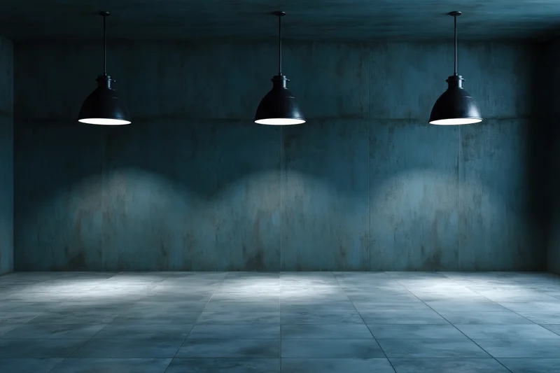 Empty industrial room with three black pendant lamps hanging from ceiling, concrete walls and floor, dim lighting creating spotlights on floor