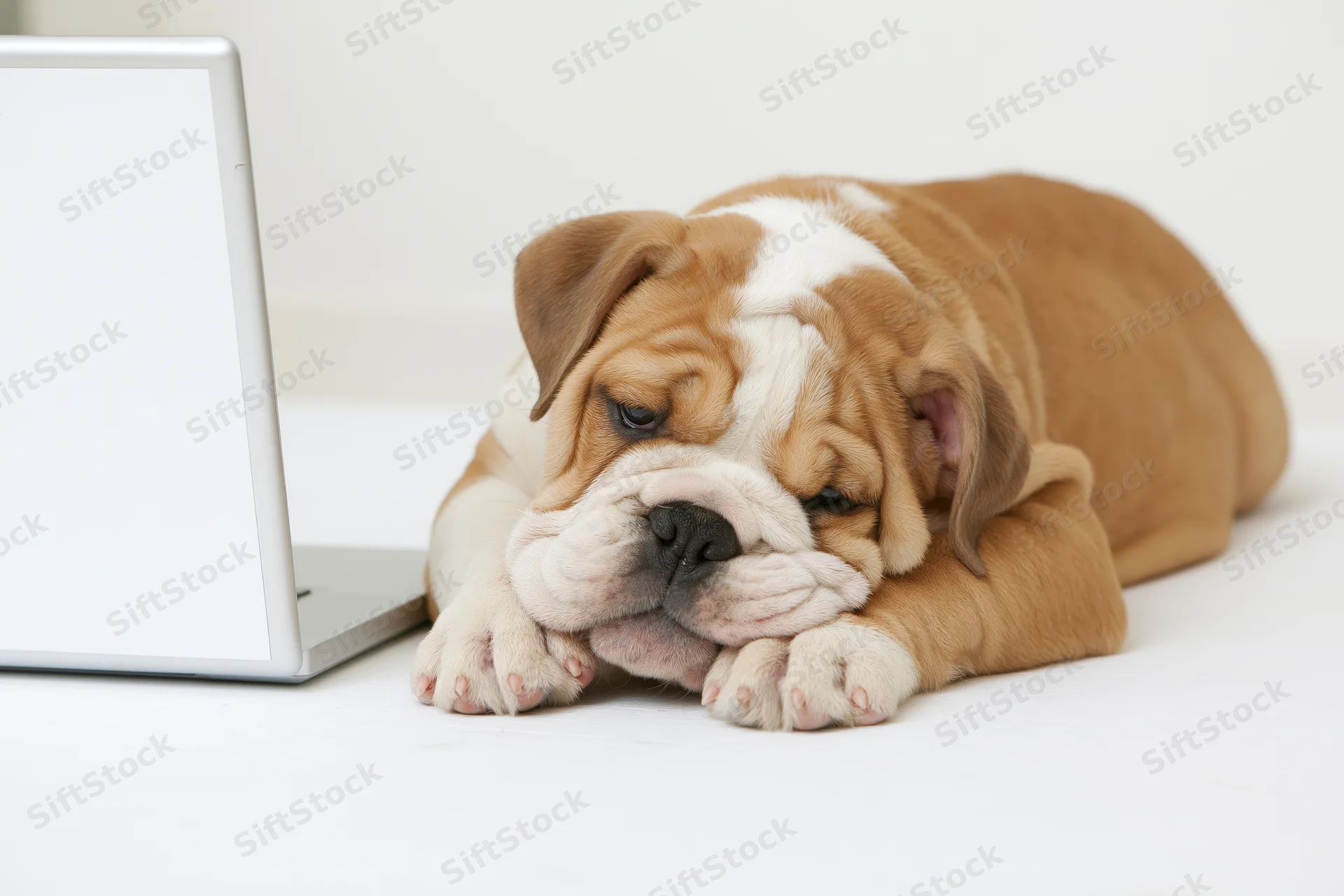 English bulldog puppy lying flat on white surface with laptop, chin resting on paws