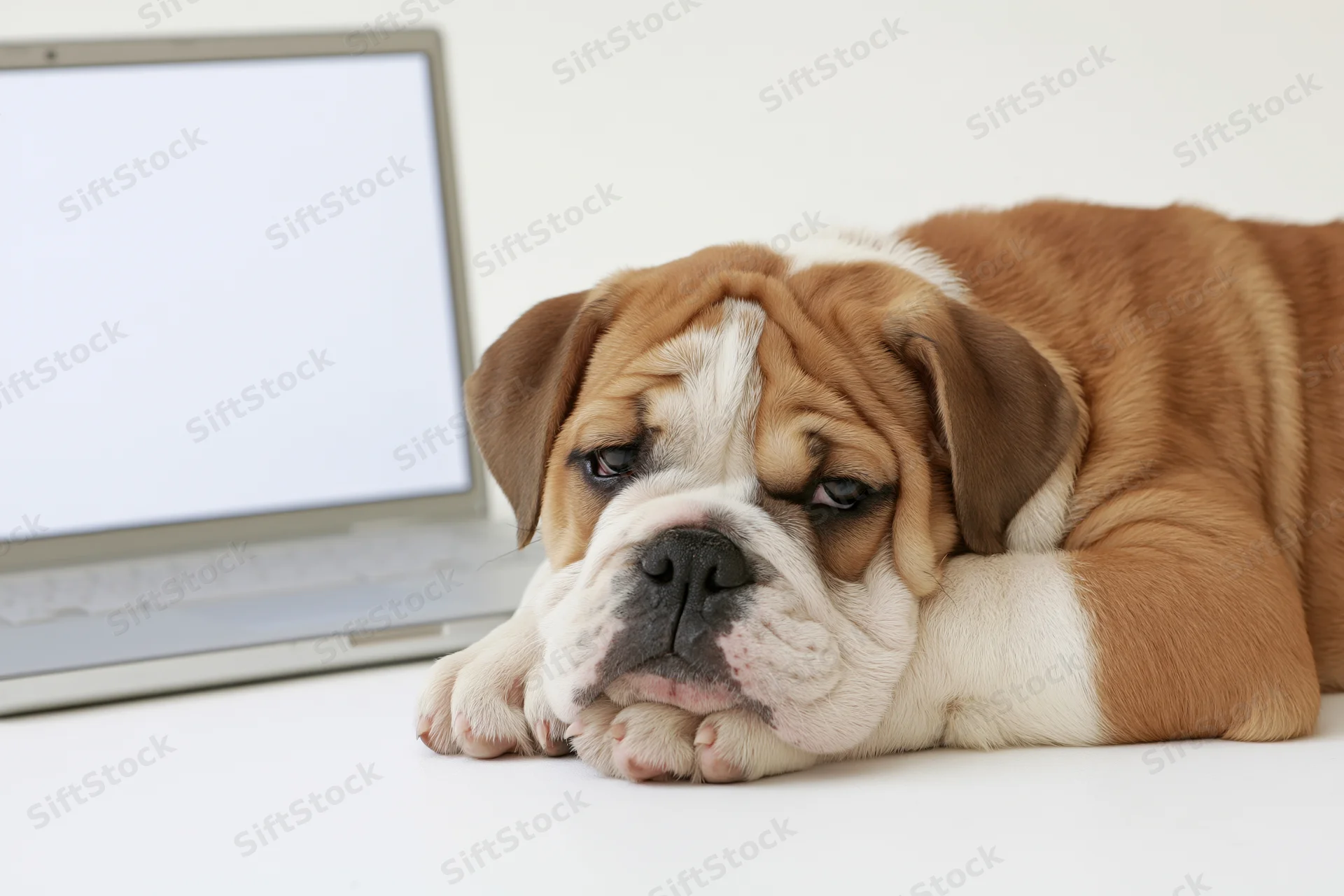 English bulldog puppy lying flat on white surface with laptop beside it