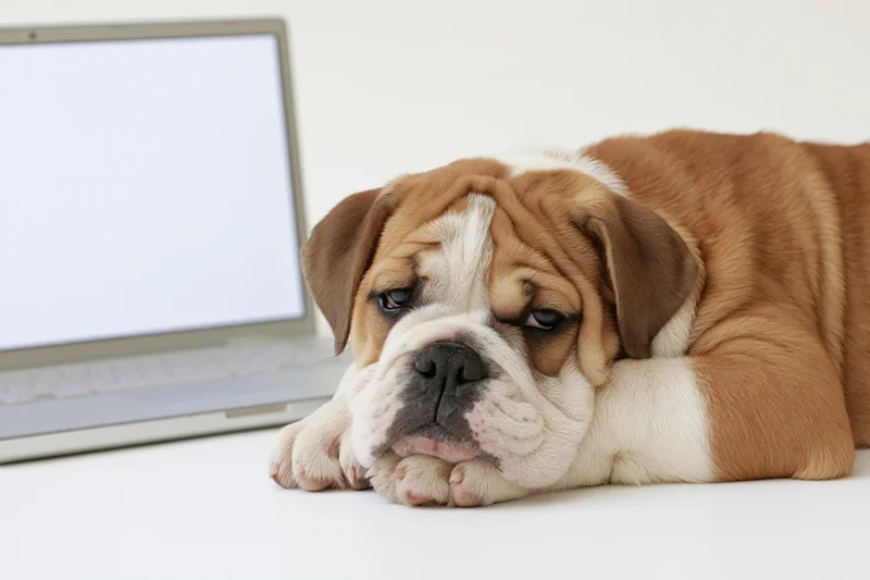 English Bulldog lying flat on surface with chin resting