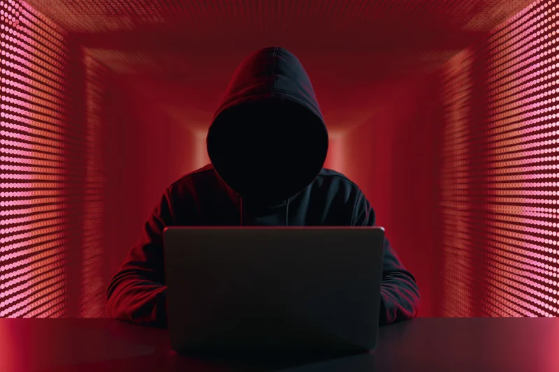 Hooded figure working on laptop in red-lit digital environment